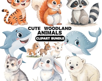Wald Baby Tiere Clipart Bundle | Aquarell Wald Kinderzimmer Clipart | Baby Tier PNG Bündel | Digitaler Download | 300 DPI