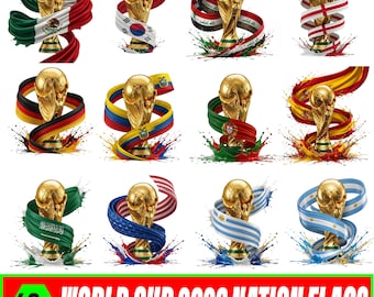 Op de afbeelding: Een verzameling gouden Wereldbeker-trofeeën, elk versierd met de linten van verschillende nationale vlaggen. De afbeeldingen tonen vlaggen uit Mexico, Zuid-Korea, Irak, Engeland, Duitsland, Colombia, Portugal, Spanje, Saoedi-Arabië, de Verenigde Staten en Argentinië. Tekst: "40+ WORLD CUP 2026 NATION FLAGS."