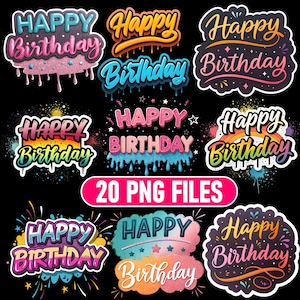 Pacchetto di clipart PNG di buon compleanno: graffiti e scritte ad acquerello (download digitale a 300 DPI)