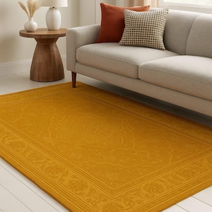 Gold Persian design hand tufted rug-luxury floral medallion carpet for living room and bedroom decor.