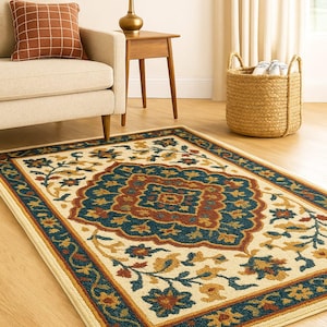 persian design hand tufted area rug-traditional medallion carpet-living room and bedroom decor-plush wool blend floor rug.