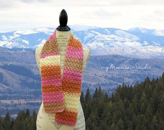 Ladies Handmade Scarf in Pink, Orange, Cream, and Taupe. Kaleidoscope Cheesecake Wrap and Tuck Cowl Scarf. Wool.