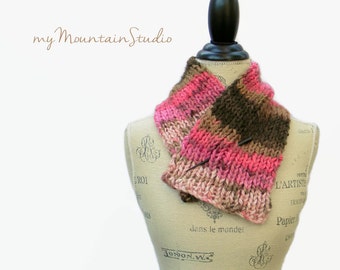 Pink and Brown Scarf, Neckwarmer Scarf, Handknit Scarf, Women's Scarf, Handmade Scarf, Fall Winter Scarf, Made in Montana