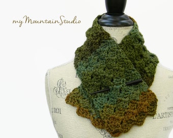 Ladies Handmade Brown Green and Copper Neckwarmer Scarf. Ozarka Forest. Ready to Ship.