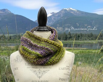 Beautiful Hand Knit Cowl in Purple and Green with Sparkle - Brio