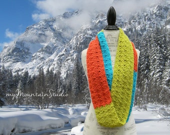 Women's Handmade Infinity Scarf Cowl in Lime Turquoise and Coral - Colorblock