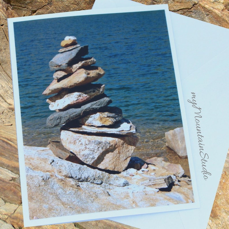 Rock Cairn Photo Note Card. Montana Mountain Lake. Nature Photography. Serene and Peaceful. image 1