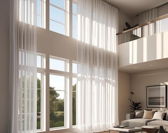 Extra Long Linen Sheer Curtain Panels for living room, 16 Colors, Sheer Panels for 10, 12, 13, 15, 16, 17, 18, 20, 24 feet Story Windows