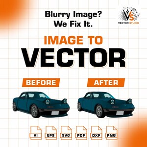 Könnte beinhalten: Eine Grafik mit einem unscharfen türkisfarbenen Auto mit der Aufschrift BEFORE und einer scharfen Vektorversion mit der Aufschrift AFTER. Text: Blurry Image? We Fix It. IMAGE TO VECTOR. Symbole für AI, EPS, SVG, PDF, DXF und PNG-Dateiformate.