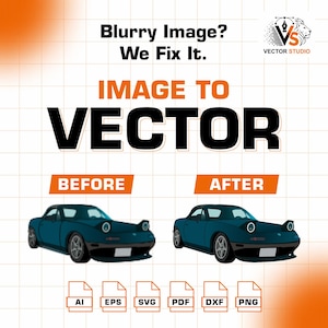 Könnte beinhalten: Werbung für Vector Studio, die ein tealfarbenes Auto vor und nach der Vektorisierung zeigt. Der Text lautet "Verschwommenes Bild? Wir reparieren es." und "Bild zu Vektor". Dateiformatsymbole werden angezeigt.