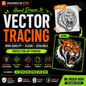 Pode incluir: Gráfico promocional para serviços de vetorização. O design apresenta o texto "VECTOR TRACING" em letras grandes laranja, com texto e ícones de apoio. Uma comparação de antes e depois mostra uma transformação da ilustração de um tigre. Disponível na Etsy.