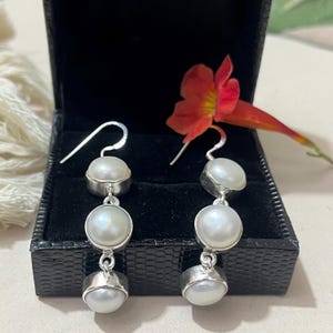 Natural Pearl silver earrings Round shape dangle earrings, handmade earrings for women, Pearl gemstone jewelry, Gift for Her