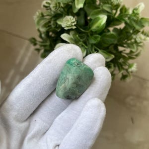 Puede incluir: Una piedra preciosa pulida, de color verde esmeralda, con forma lisa y redondeada. La piedra se sostiene en una mano enguantada de blanco, con un fondo borroso de follaje verde. El color de la piedra varía de verde claro a oscuro.
