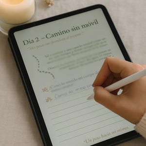 Könnte beinhalten: Eine brennende Kerze neben einem digitalen Tablet mit dem Text "Camino sin móvil" und handschriftlichen Notizen. Ein Stift wird verwendet, um auf den Bildschirm zu schreiben. Das Tablet liegt auf einer neutralfarbenen Oberfläche.