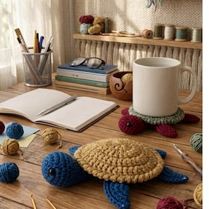 May include: A wooden desk displays a crochet turtle with a tan shell, blue head and flippers, and a red body. A white mug sits on a green and red crochet coaster. Yarn balls and a notebook with a pen are also on the desk.