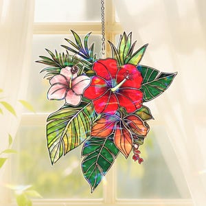 Tropical Hibiscus Acrylic Suncatcher, Stained Glass Effect Window Hanging, Colorful Floral Home Decor, Summer Garden Ornament Gift