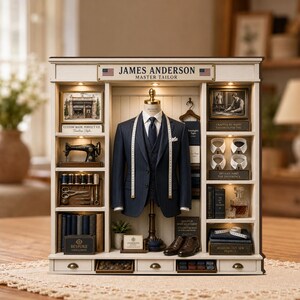 May include: A miniature tailor shop display featuring a navy blue pinstripe suit on a mannequin with a measuring tape. The wooden structure includes shelves with a sewing machine, thread spools, fabric swatches, books, and a decanter set. Text reads JAMES ANDERSON MASTER TAILOR.