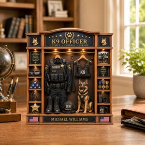 May include: A wooden K9 Officer display case featuring a miniature sheriff uniform, a tactical vest, a German Shepherd figurine, and various police-themed accessories. The unit includes the text K9 OFFICER, LOYALTY, COURAGE, SERVICE, and MICHAEL WILLIAMS.