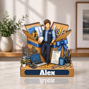 May include: A decorative wooden display featuring a cartoon engineer standing in front of a gift box filled with blueprints, a total station, and gears. The base is labeled with the name Alex and includes a laptop, books, a project plan, and tools.