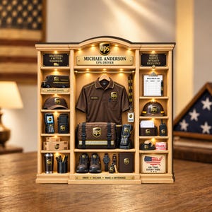 May include: A wooden display case featuring UPS-themed items including a brown polo shirt, a messenger bag, a cap, a hard hat, a scanner, a clipboard, shoes, a watch, and various small accessories. The unit has integrated lighting and plaques.