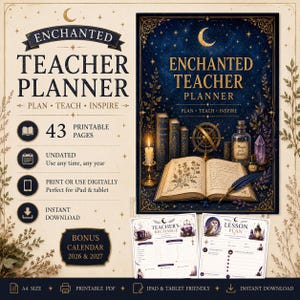 以下が含まれることがあります： 43ページの印刷可能なEnchanted教師用プランナー。金色の天体モチーフ、本、キャンドル、羽ペンが描かれた濃紺の表紙。日付なしのレイアウト、2026年と2027年のボーナスカレンダーが含まれ、A4サイズでの印刷やデジタル利用に対応しています。