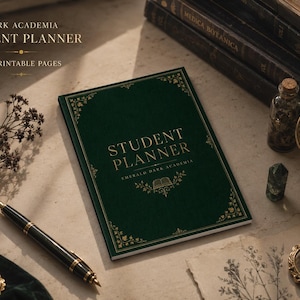 May include: A dark green student planner with gold foil accents and ornate corner flourishes. The cover features the text "STUDENT PLANNER" and "EMERALD DARK ACADEMIA" with a small book icon. The planner is presented as a set of 40 printable pages.