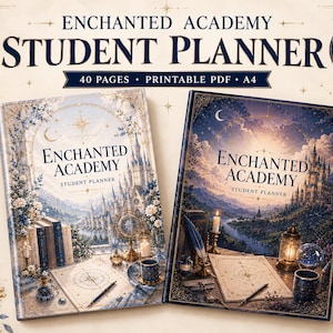 May include: Two Enchanted Academy student planners with 40 pages in printable PDF A4 format. The left cover features a light-toned castle scene with books and a compass. The right cover shows a dark, starry night scene with a castle, lantern, and quill.