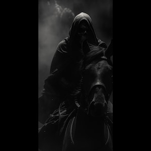 May include: A grayscale image of a cloaked figure on horseback. The rider is shrouded in a dark hood, obscuring the face. The horse is also dark, with visible tack. The background is a cloudy sky, creating a dramatic, gothic atmosphere.