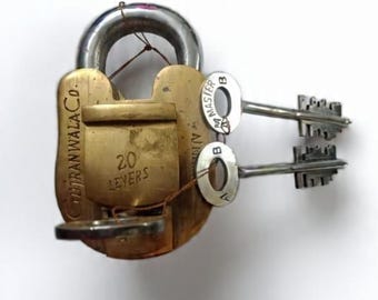 Handcrafted Vintage Brass Padlock: Functional 20-Lever Lock with 3 Keys