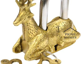 Antique sambar deer solid brass Padlock Working condition Lock with 2 Keys
