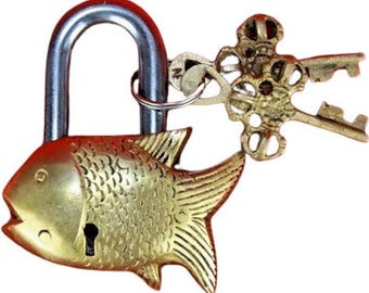 Antique fish solid brass Padlock Working condition Lock with 2 Keys
