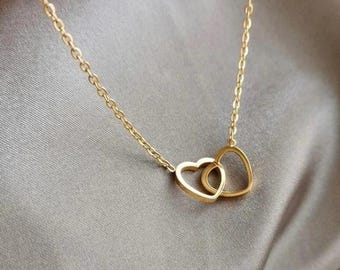 Collar de doble corazón de oro de 14k, joyería minimalista personalizada con nombre, regalo para parejas