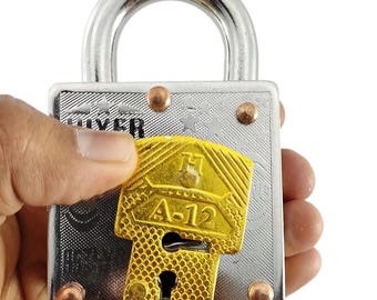 Antique Iron Puzzle Padlock with Secret Key Hole, 2 Keys