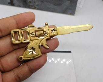 Antique 007 Gun shape Custom House Door Key Kwik set, handmade brass gift,  home blank, Brass Lion Keys Master lock  Necklace,  Sword  Charm