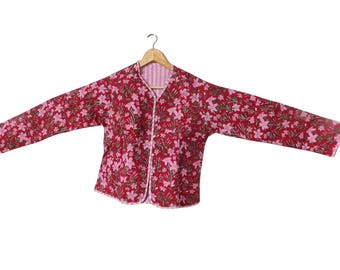 Floral Kantha Quilted Jacket, Bohemian Reversible Cotton Coat