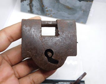 Antique Iron Padlock with Key, 80-Year-Old Basko India Lock