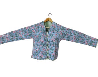 Floral Kantha Quilted Jacket: Reversible Bohemian Cotton Coat