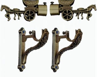 Antique  Brass Finish Curtain Brackets with holder Finials, Unique Design combo (Pair)