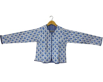 Floral Kantha Quilted Cotton Jacket, Reversible Boho Coat