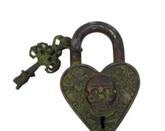 Vintage Heart Skull Brass Padlock with Key, unique  Locking System
