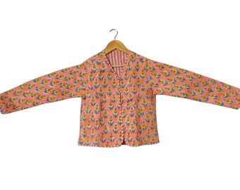 Floral Quilted Kantha Jacket, Reversible Cotton Boho Coat