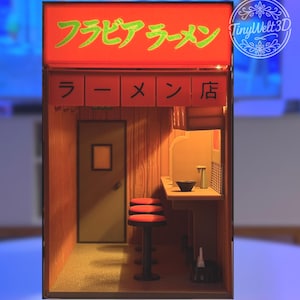 Angolo lettura fai-da-te a tema negozio di ramen – Diorama stampato in 3D con luce LED (20 cm)