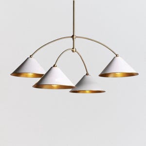 Mid Century Modern Brass Chandelier – 4 Light Vintage Stilnovo Pendant Light– Italian White Cone Sputnik Ceiling Lighting Fixture