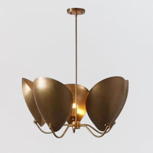 5-Light Mid Century Modern Sputnik Chandelier | Brass Pendant Light with Curved Shades | Handmade Retro Ceiling Light Fixture