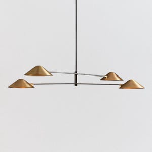 Mid Century Brass Sputnik Chandelier – 4 Light Italian Brass Starburst Pendant Light | Handmade Linear Modern Ceiling Light with Curved Arms