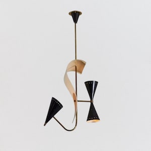1950s Mid Century Diabolo Chandelier – Italian Style 2-Light Brass Sputnik Pendant Light | Handmade Black & White Stilnovo Replica Light