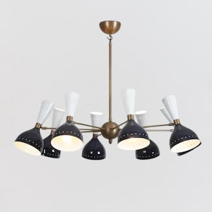 Stilnovo Style Sputnik Chandelier - 12 Light Mid Century Modern Brass Ceiling Fixture - Italian 6 Arm Retro Light with Dual Metal Shades