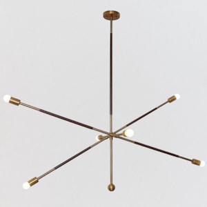 6-Light Sputnik Chandelier with Leather Accents – Mid Century Modern Italian Brass Pendant Light Fixture – Long Tandem Ceiling Light