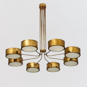 Modern Italian Brass Sputnik Chandelier | 1950s Stilnovo 8-Light Mid Century Drum Pendant | Handmade Retro Ceiling Lighting Fixture
