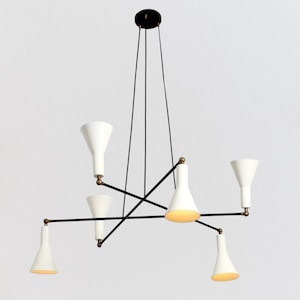 6-Light Mid Century Stilnovo Chandelier | Brass & Black Pendant Ceiling Light | Handmade Cone Shade Fixture | Modern Italian Retro Lighting